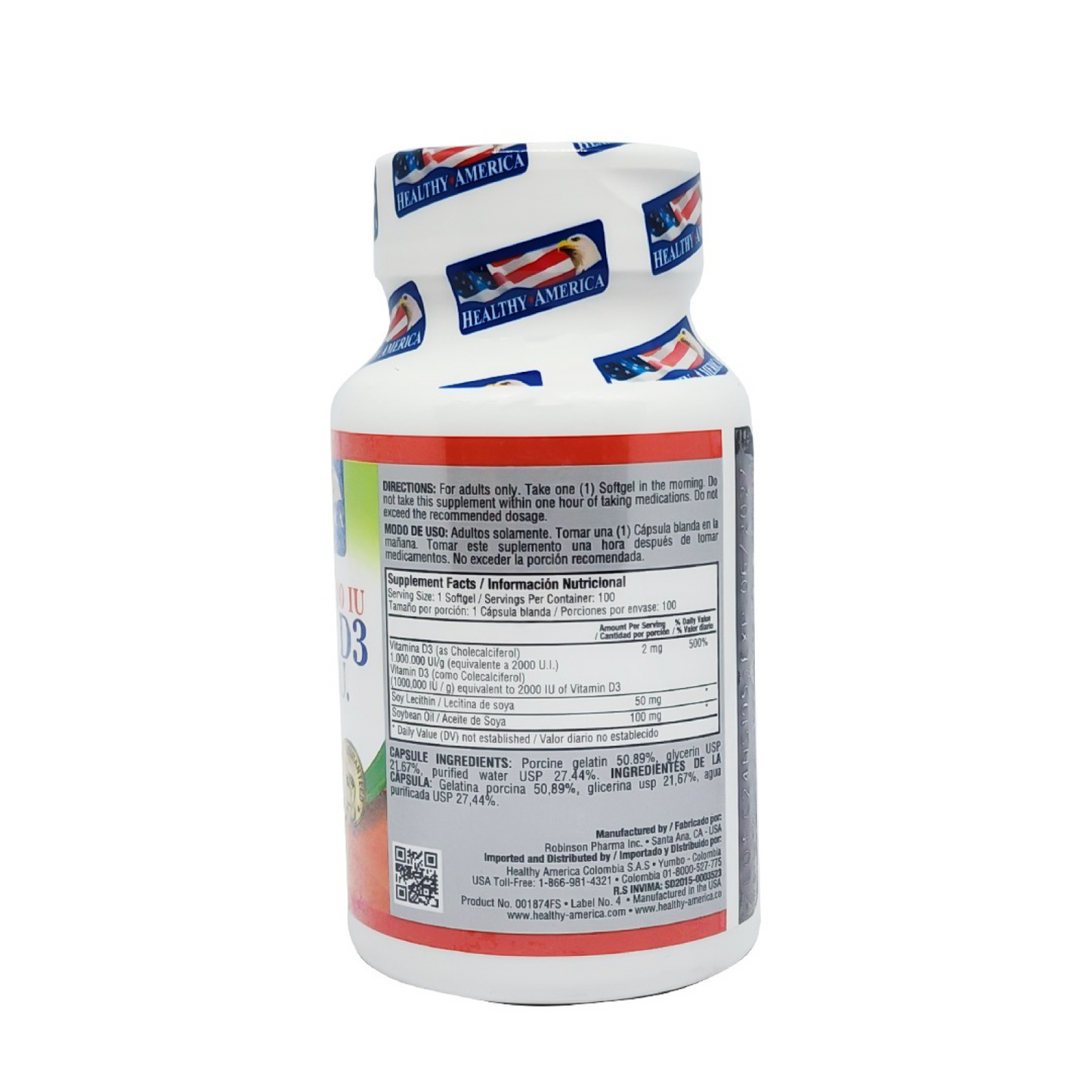 Vitamina D3 2.000 IU Healthy America x100 | Salud Ósea
