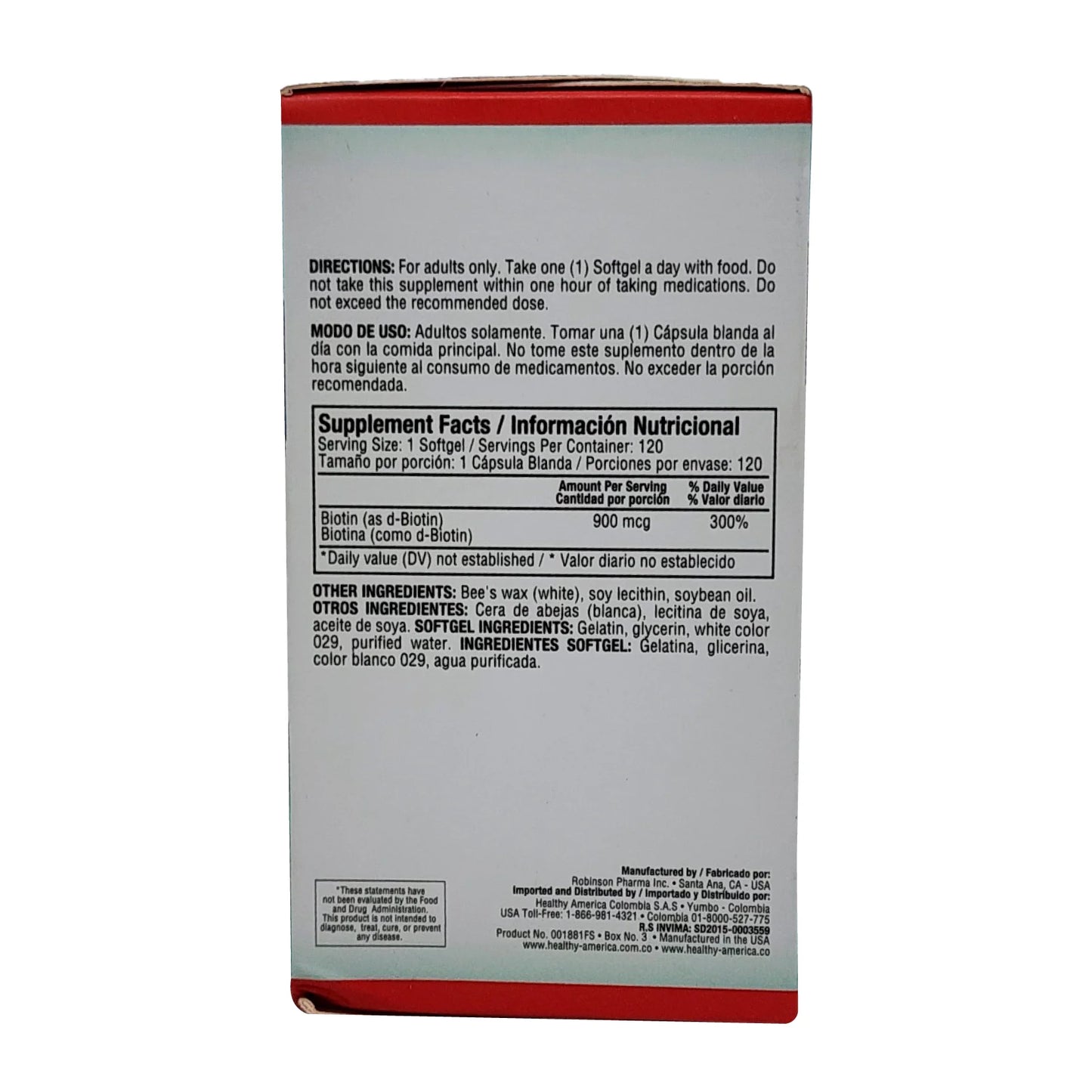 Biotina 900 mcg Healthy America x120 | Cabello, Piel y Uñas
