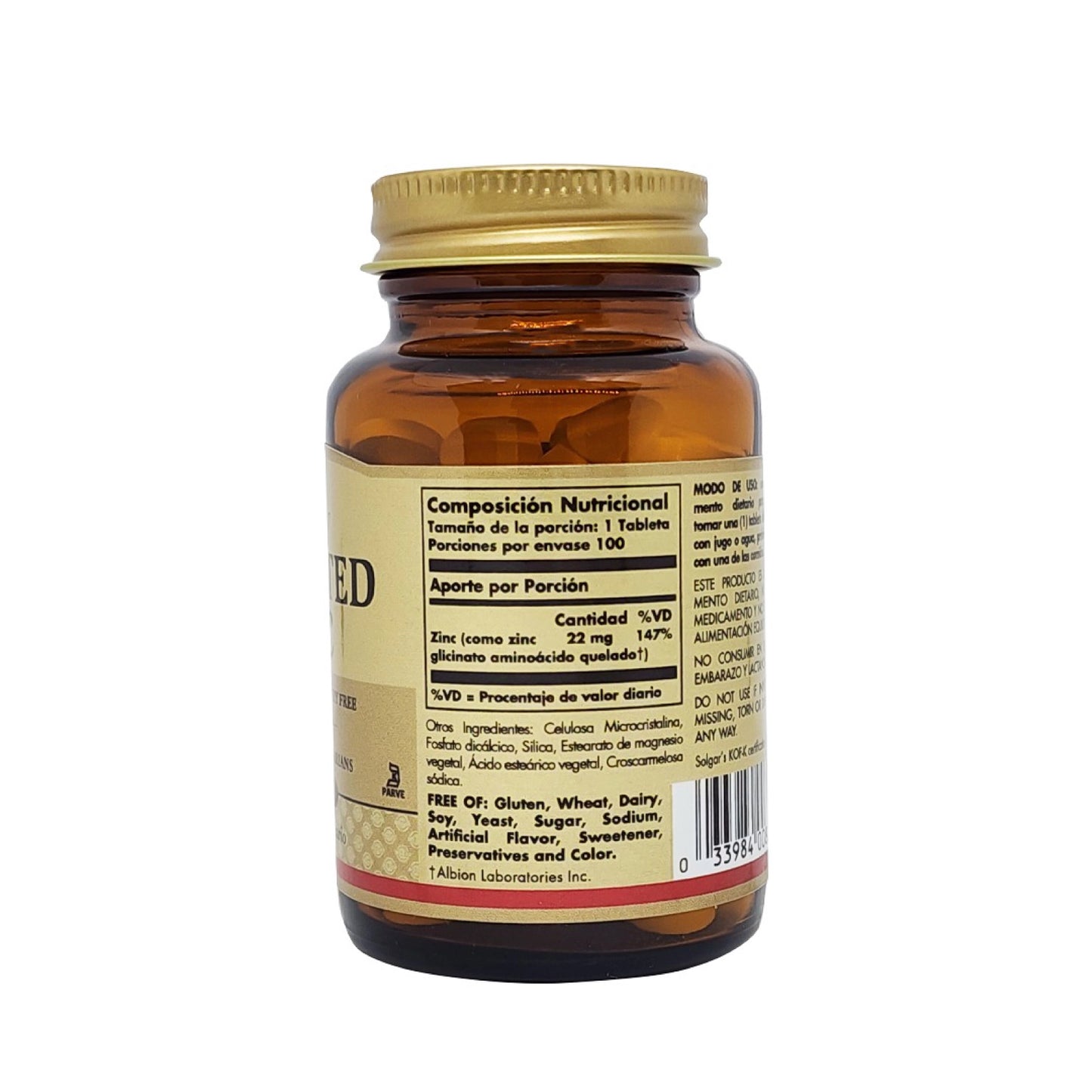 Zinc Quelado Solgar 100 Tablets Inmunidad y Piel