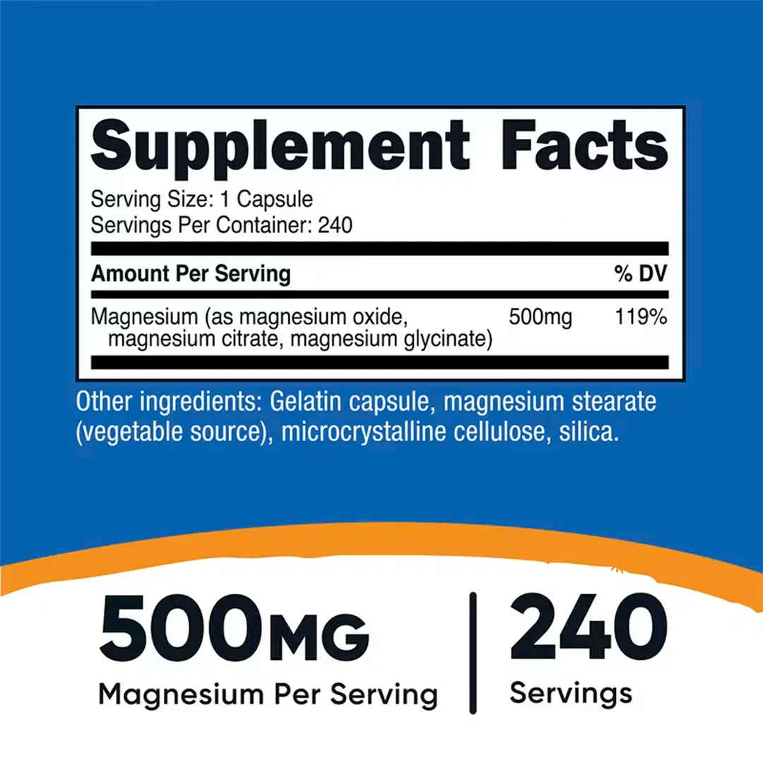 Magnesio Complex 500 mg Citrato Glicinato y Óxido 240 Caps | Nutricost
